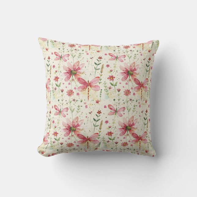 Roze Dragonfly Floral Sierkussen Home Decor (Voorkant)