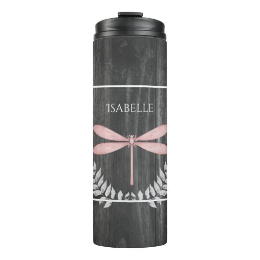 Roze Dragonfly Rustic Personalized Thermal Tumbler Thermosbeker (Voorkant)