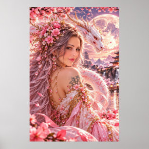 Roze Draken Dame Kersenbloesem Fantasie Kunst Post Poster
