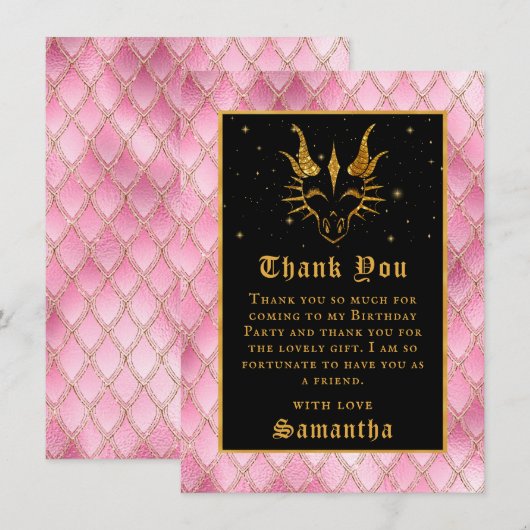 Roze drakenschalen Gold Faux Glitter Birthday Bedankkaart (Voorkant / Achterkant)