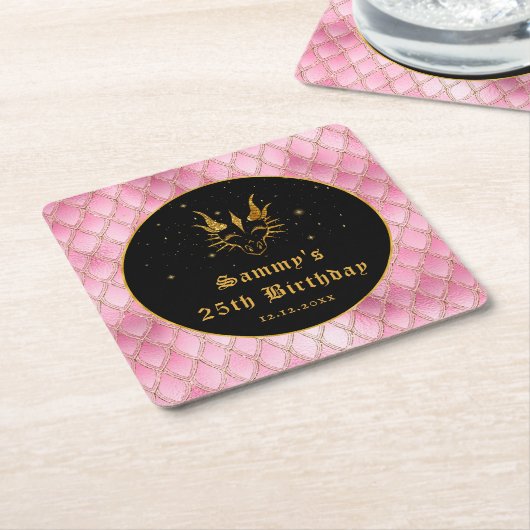 Roze drakenschalen Gold Faux Glitter Birthday Kartonnen Onderzetters (Schuin)