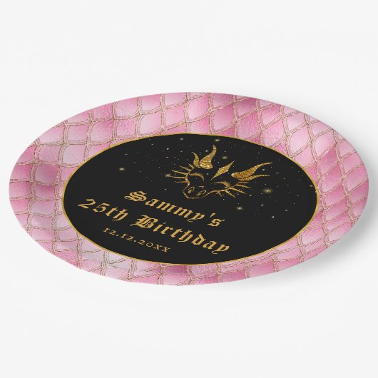 Roze drakenschalen Gold Faux Glitter Birthday Papieren Bordje (Gekanteld)