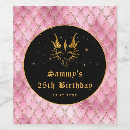 Roze drakenschalen Gold Faux Glitter Birthday Wijn Etiket (Enkel label)