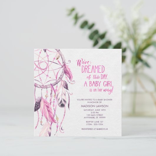 Roze Dreamcatcher Baby shower Invitation Kaart (Staand voorkant)