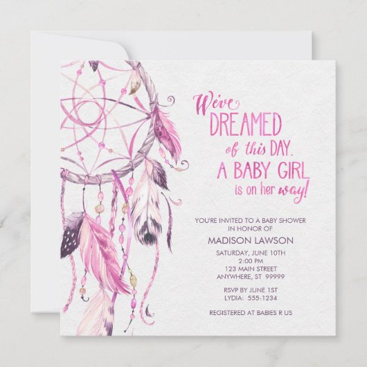 Roze Dreamcatcher Baby shower Invitation Kaart (Voorkant)