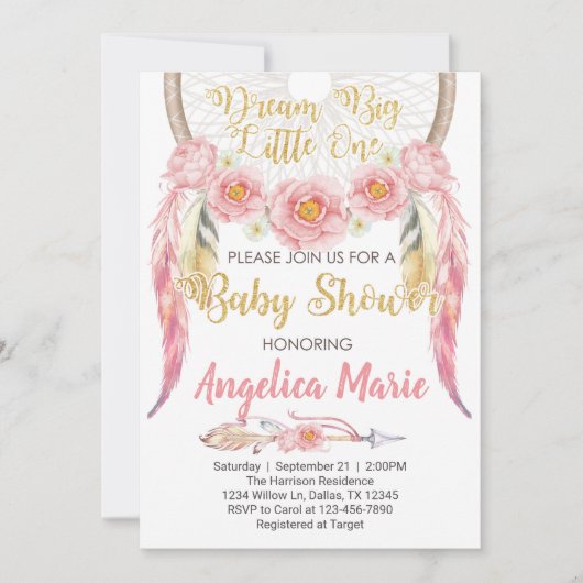 Roze Dreamcatcher Baby Shower Uitnodiging Invite (Voorkant)
