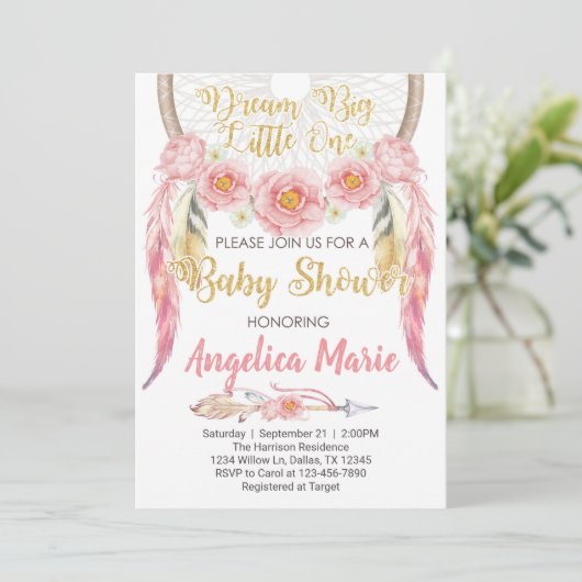 Roze Dreamcatcher Baby Shower Uitnodiging Invite (Staand voorkant)