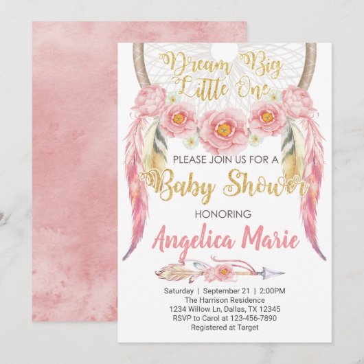Roze Dreamcatcher Baby Shower Uitnodiging Invite (Voorkant / Achterkant)