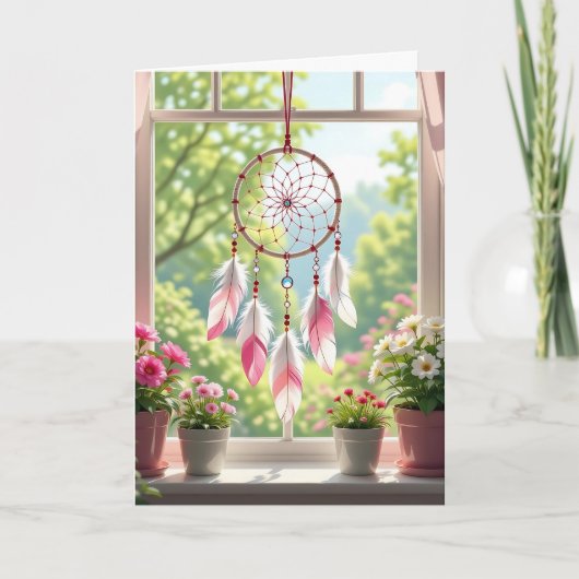 Roze Dreamcatcher en Planten Window Birthday Kaart (Voorkant)