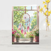 Roze Dreamcatcher en Planten Window Birthday Kaart (Gele Bloem)