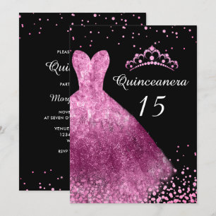 Roze dress & Black Quinceanera 15th Birthday Party Kaart