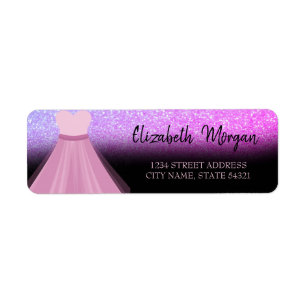 Roze dress, Glitter Bokeh, zwart adreslabel Etiket