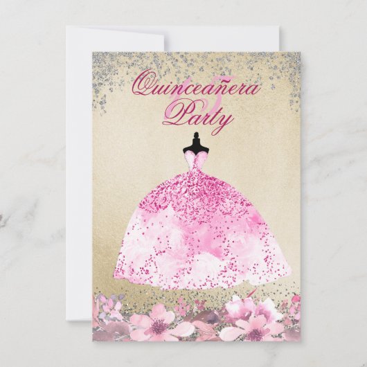 Roze dress Gold Silver Glitter Quinceanera Invite Kaart (Voorkant)