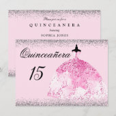 Roze dress Silver Confetti Quinceanera-uitnodiging Kaart (Voorkant / Achterkant)
