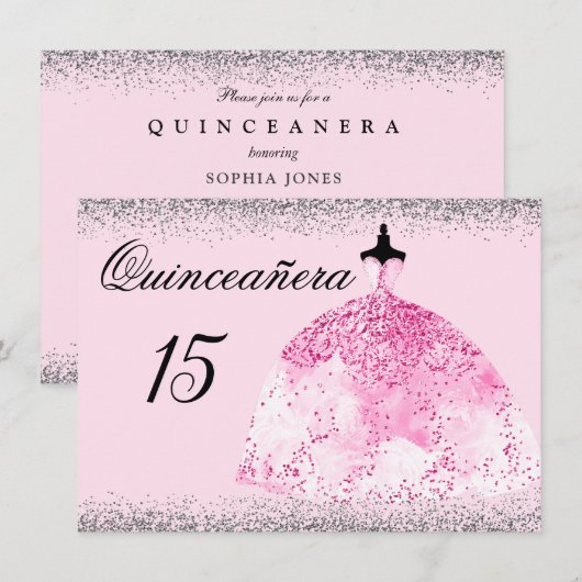 Roze dress Silver Confetti Quinceanera-uitnodiging Kaart (Voorkant / Achterkant)