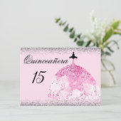 Roze dress Silver Confetti Quinceanera-uitnodiging Kaart (Staand voorkant)