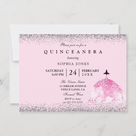 Roze dress Silver Confetti Quinceanera-uitnodiging Kaart (Achterkant)