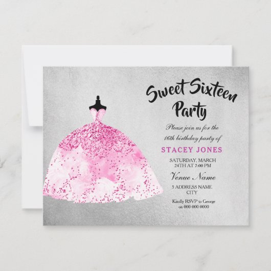 Roze Dress Silver Sweet 16 Party Invitation Kaart (Voorkant)