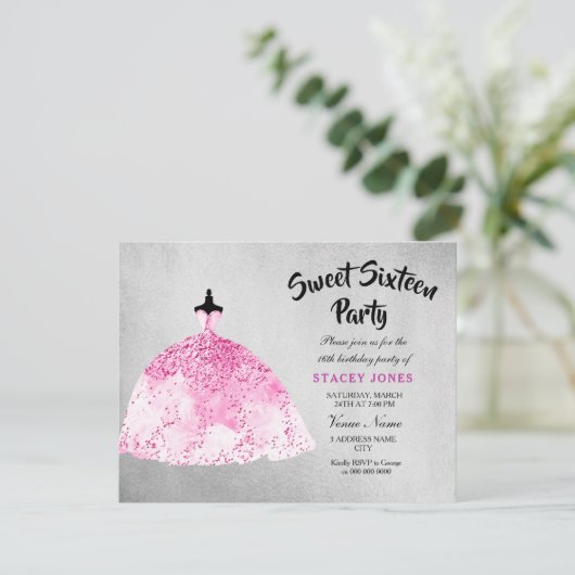 Roze Dress Silver Sweet 16 Party Invitation Kaart (Staand voorkant)