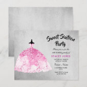 Roze Dress Silver Sweet 16 Party Invitation Kaart (Voorkant / Achterkant)