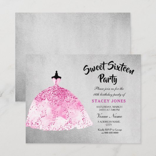 Roze Dress Silver Sweet 16 Party Invitation Kaart (Voorkant / Achterkant)