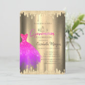 Roze dress, Tiara, Glitter Drift Gold Quinceañera Kaart (Staand voorkant)