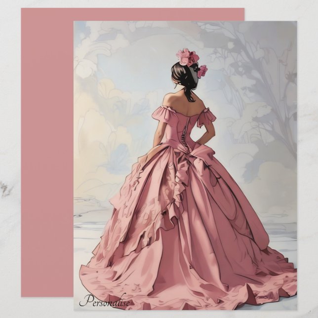 Roze  Dress Victoriaans Lady ScrapbookPaper (Voorkant / Achterkant)