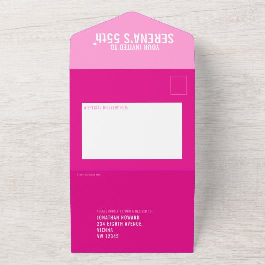 Roze drie foto's 55th Birthday party All In One Uitnodiging (Buitenkant)