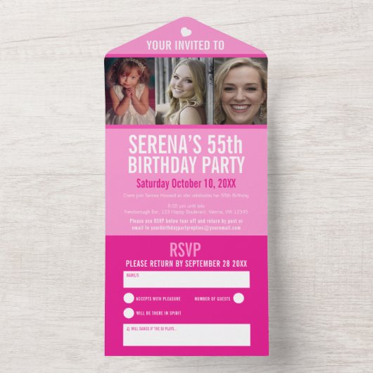 Roze drie foto's 55th Birthday party All In One Uitnodiging (Binnen)