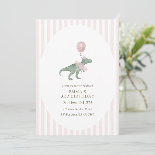 Roze drie Rex dinosaurusballon Derde verjaardag Kaart (Staand voorkant)
