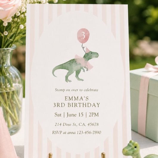 Roze drie Rex dinosaurusballon Derde verjaardag Kaart