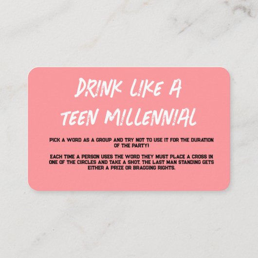 Roze Drink Game Kaarten Visitekaartje (Achterkant)