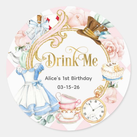 Roze, Drink me, Onederland 1e verjaardagsgunst Ronde Sticker (Voorkant)