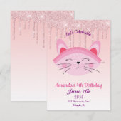 Roze Drip Glitter Kitten Uitnodiging (Voorkant / Achterkant)