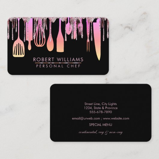 Roze Drip Keukengereedschap Glitter Faux Visitekaartje (Voorkant / Achterkant)
