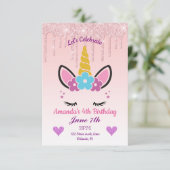Roze drooggoot Glitter/Floral Unicorn Birthday Kaart (Staand voorkant)