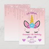 Roze drooggoot Glitter/Floral Unicorn Birthday Kaart (Voorkant / Achterkant)