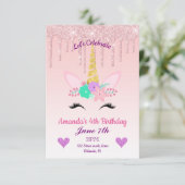 Roze drooggoot Glitter/Floral Unicorn Birthday Kaart (Staand voorkant)