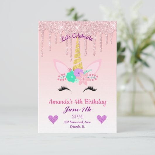 Roze drooggoot Glitter/Floral Unicorn Birthday Kaart (Staand voorkant)