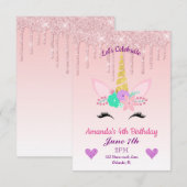 Roze drooggoot Glitter/Floral Unicorn Birthday Kaart (Voorkant / Achterkant)