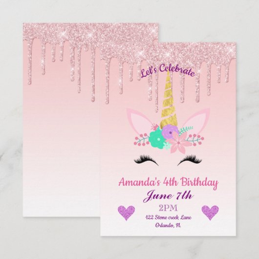 Roze drooggoot Glitter/Floral Unicorn Birthday Kaart (Voorkant / Achterkant)