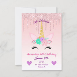 Roze drooggoot Glitter/Floral Unicorn Birthday Kaart