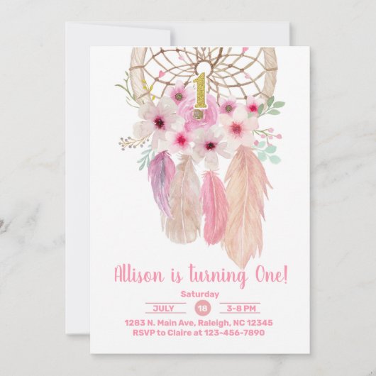 Roze droomcatcher meisje 1 eerste verjaardag uitno kaart (Voorkant)