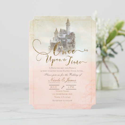 Roze droomkleding Fairy Tale Storybook Castle Wedd Kaart (Staand voorkant)