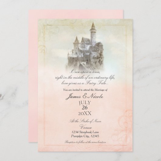 Roze droomkleding Fairy Tale Storybook Castle Wedd Kaart (Voorkant / Achterkant)