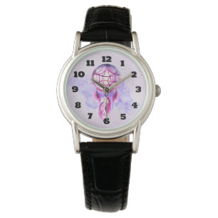Roze droomvanger op Paarse Waterverf Horloge