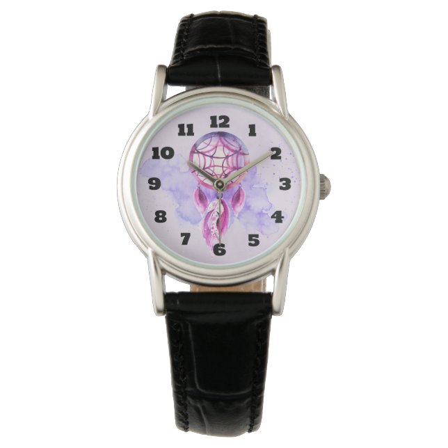 Roze droomvanger op Paarse Waterverf Horloge (Voorkant)
