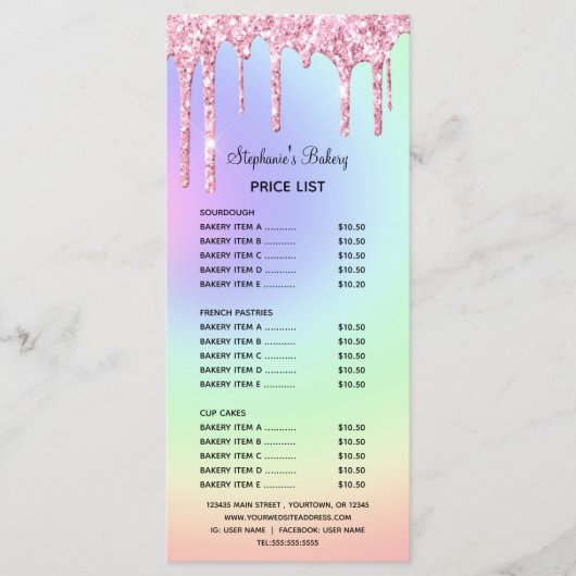 Roze Druipende Glitter Bakkerij Prijslijst & Menu (Voorkant)