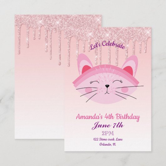 Roze druipende glitter kitten uitnodiging (Voorkant / Achterkant)