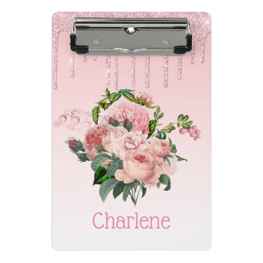 Roze druipende glitters bloemenboeket mini klembord (Voorkant)